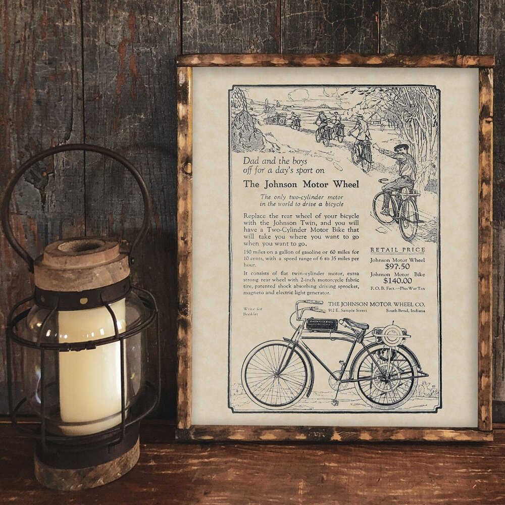 Johnson Motor Bike / Wheel 16x20 Bicycle Motorcycle Fine Art Print on Parchment
